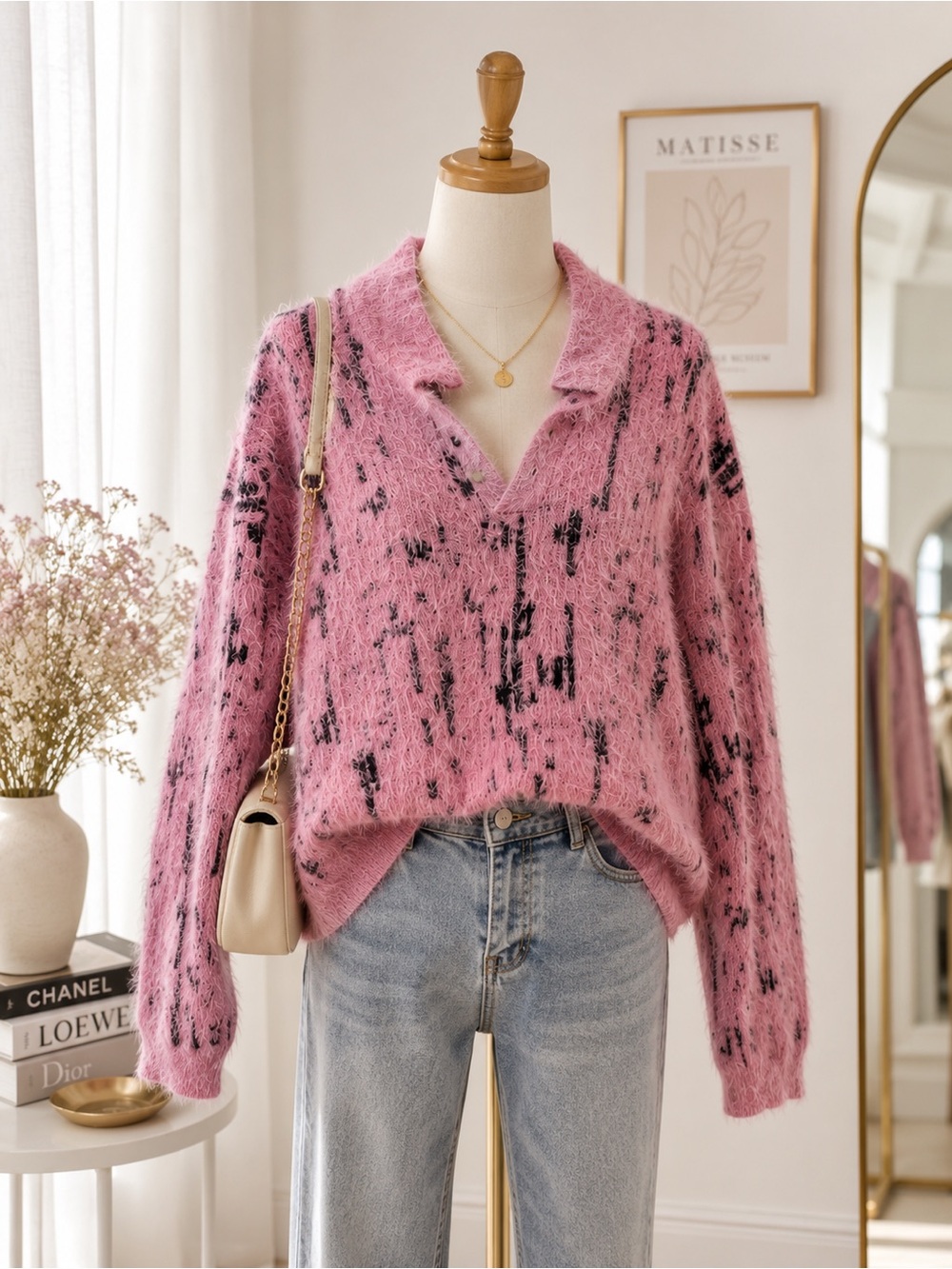 NWT Zara Cozy Pink Speckled V-Neck Sweater